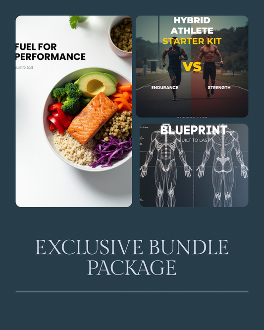 The Built to Last Bundle cover — all 3 fitness ebooks: Lean Blueprint, Fuel for Performance, Hybrid Athlete Starter Kit